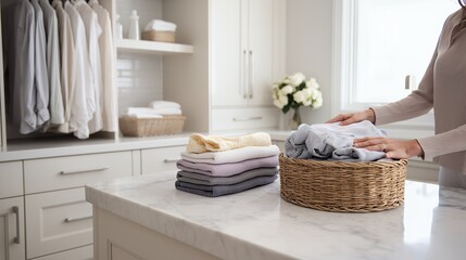 Organizing a modern walk-in closet with neatly folded laundry and stylish storage solutions.