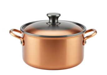 A shiny copper cooking pot with handles and a glass lid, isolated on a transparent background
