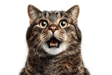 Expressive Tabby Cat with Wide Eyes and Open Mouth on White Background
