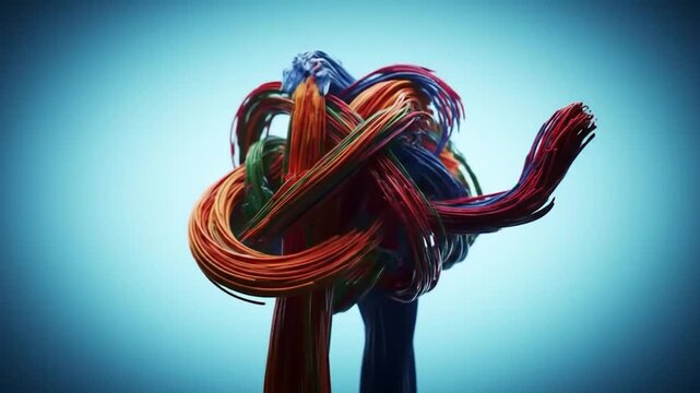Tightly knotted, multi-colored wires converge against a gradient blue background