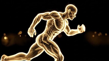 A digital representation of a man running, glowing with energy, symbolizes speed, power, and the fusion of human potential with artificial intelligence - Powered by Adobe