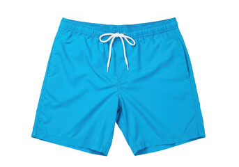 A pair of bright blue swim shorts with a white drawstring is shown from the front, isolated on a transparent background