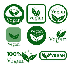 Vegan food labels. Collection icons for healthy food. Green emblems for promotion natural products. Vector illustration