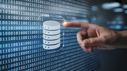 Finger touches database icon amidst binary code for data analysis