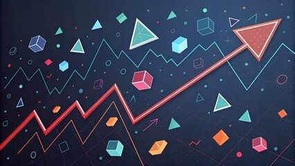 A growing arrow points upwards over a colorful geometric chart.