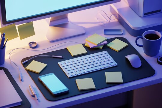 Desk setup with computer accessories and sticky notes keyboard mouse