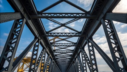 A metal bridge structure against a bright blue sky with white clouds overhead