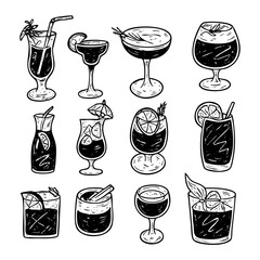 Hand drawn cocktail illustration featuring summer drinks with garnish and ice cubes for menu and bar design