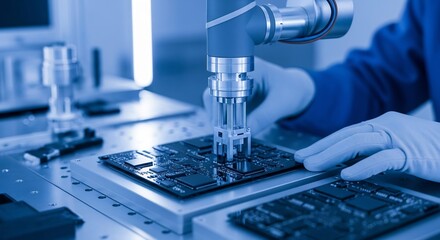 A technician in a blue lab coat carefully inspects a circuit board with a robotic arm.