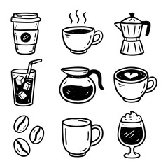 Hand drawn coffee illustration vector set, coffee cups, beans and maker, espresso, latte, iced coffee 100