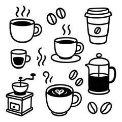Coffee illustration vector art featuring coffee cups coffee beans coffee grinder and coffee press design elements
