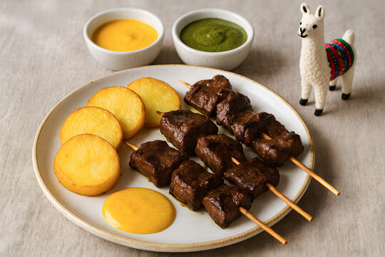 Peruvian food Anticuchos, a meat skewer with potatoes and salad. Traditional food from Peru