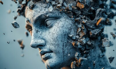 Broken ancient Greek Roman statue head falling in pieces, symbolizing the concept of mental illness, memory loss, and depression in a modern, abstract visual, Generative AI