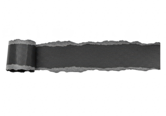 A strip of torn black paper with a curled edge on the left, isolated on a transparent background