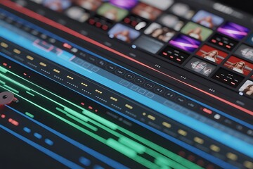 Digital audio visualizer with glowing waveforms and media thumbnails image