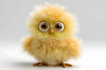 Obraz premium Cute Yellow Fluffy Toy Chick with Large Eyes Standing on White Background