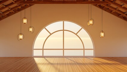 Obraz premium Interior Design of an Attic Room with Lamps and Wooden Structure, Calm Atmosphere with Arch Window and Natural Lights