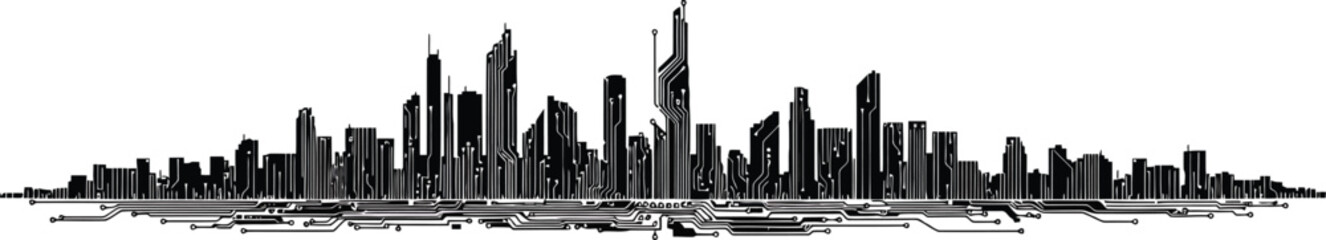 Stylized Circuit Board Cityscape Silhouette
