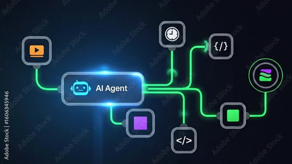 Wall mural a futuristic ai agent is connected to various digital functions through a glowing green network, rep