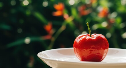 Fresh and Juicy Red Apple on a White Plate Surrounded by Lush Greenery in Bright Natural Light Ideal for Healthy Eating Concepts and Organic Lifestyle Themes