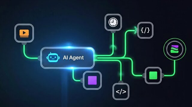 A futuristic ai agent is connected to various digital functions through a glowing green network, representing advanced technology and automation - Powered by Adobe