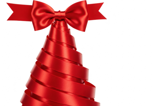 A festive red ribbon tied into a bow atop a spiral christmas tree shape, isolated on a transparent background