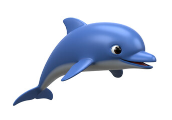 Fototapeta premium A cheerful cartoon dolphin with big eyes, smiling and swimming, isolated on a transparent background