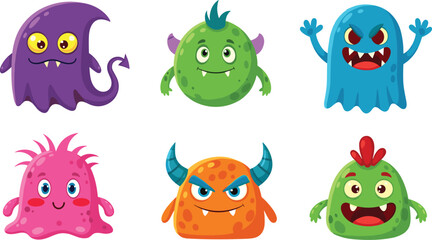 cartoon monster characters in colorful style, playful fantasy creatures with fun expressions, children-friendly design, vector illustration for media or branding
