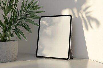 A tablet mockup leaning against a minimalistic stand