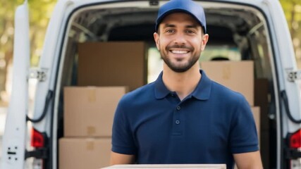 A smiling delivery man holds a package in front of a van loaded with boxes, representing efficient shipping and reliable courier services