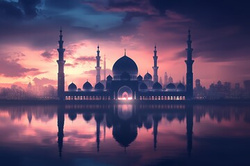 Obraz premium Majestic Mosque Silhouette at Sunset Over Cityscape