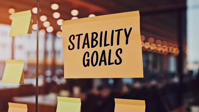 Sticky Notes with Motivation and Stability Goals on Glass Wall in Office Collaborative and Organized Work Environment