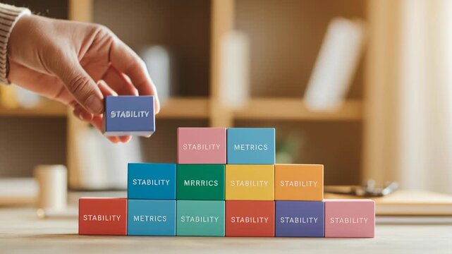 Colorful Blocks Pyramid Hand Arranging Stability and Metrics for Balance and Organization