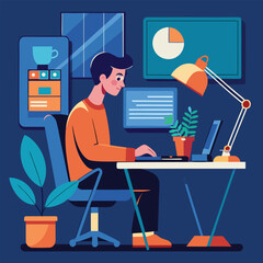 Man typing on laptop with desk lamp and plants vector