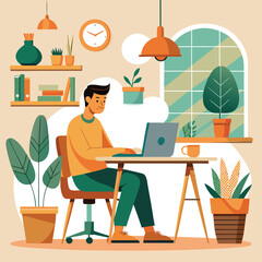 Fototapeta premium Man working on laptop in boho home office with plants desk chair