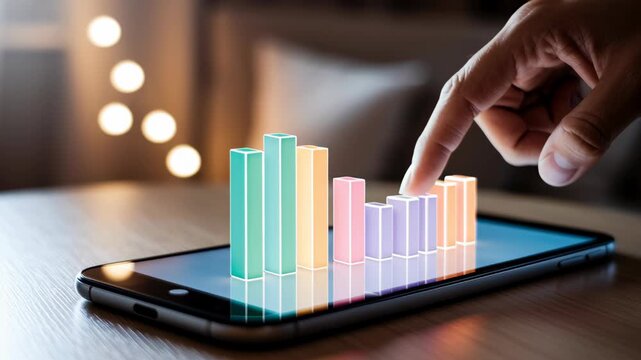 Hand Interacts with Smartphone Displaying Colorful 3D Bar Graphs for Data Analysis and Technology Exploration