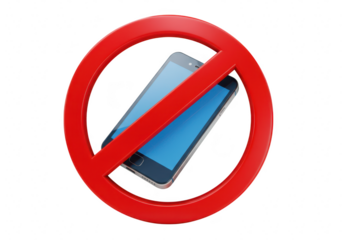 A red prohibition sign with a smartphone inside, indicating no phones allowed in this area isolated on transparent background
