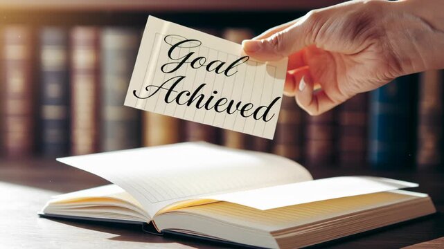 Hand Holding Card with Goal Achieved Over Open Notebook Symbolizing Success, Achievement, and Accomplishment in Writing and Turning Pages