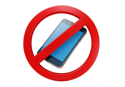 A red prohibition sign with a smartphone inside, indicating no phones allowed in this area isolated on transparent background