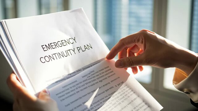 Person Reviews and Holds Emergency Continuity Plan Document in Bright Office Setting, Highlighting Preparedness and Ensuring Comprehensive Review