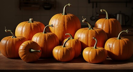 Pumpkins Arrangement on Wooden Table for Autumn Decoration