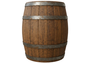 A rustic wooden barrel with metal bands, commonly used for aging beverages like wine or whiskey isolated on transparent background