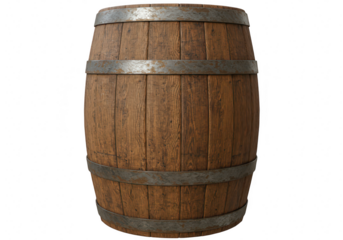 A rustic wooden barrel with metal bands, commonly used for aging beverages like wine or whiskey isolated on transparent background
