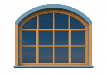 An arched wooden window with blue trim and multiple glass panes is isolated on a transparent background