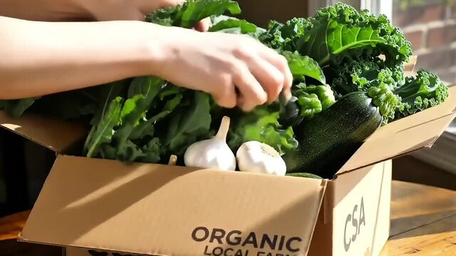 "Organic Farmer Packing Fresh Vegetables into CSA Box &ndash; Local Food Delivery, Close-Up, 4K"