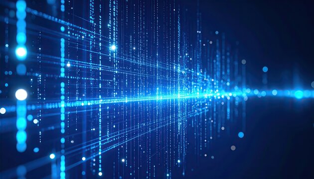 Abstract digital data visualization featuring glowing blue lines and particles representing information flow.