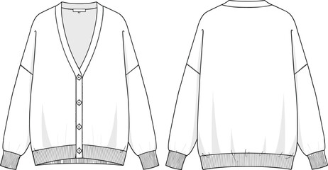 Women’s cardigan sweater technical sketch front and back views, V-neckline, button-front closure, ribbed cuffs and hem, modified back view design, fashion flat illustration © Zahid Creatives