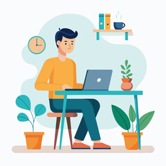Fototapeta premium Young man working on laptop at desk with plants and coffee chair