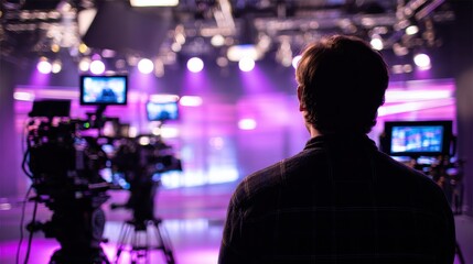 Naklejka premium Man observing a television studio setup with cameras and colorful lighting in the background