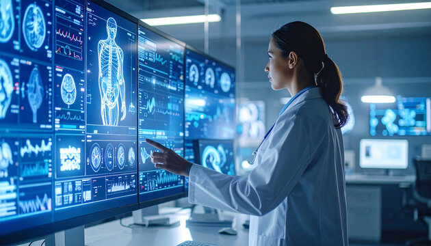 Medical Professional Analyzing Data: A focused medical professional in a modern research facility, meticulously analyzes intricate medical data displayed on expansive digital screens. - Powered by Adobe